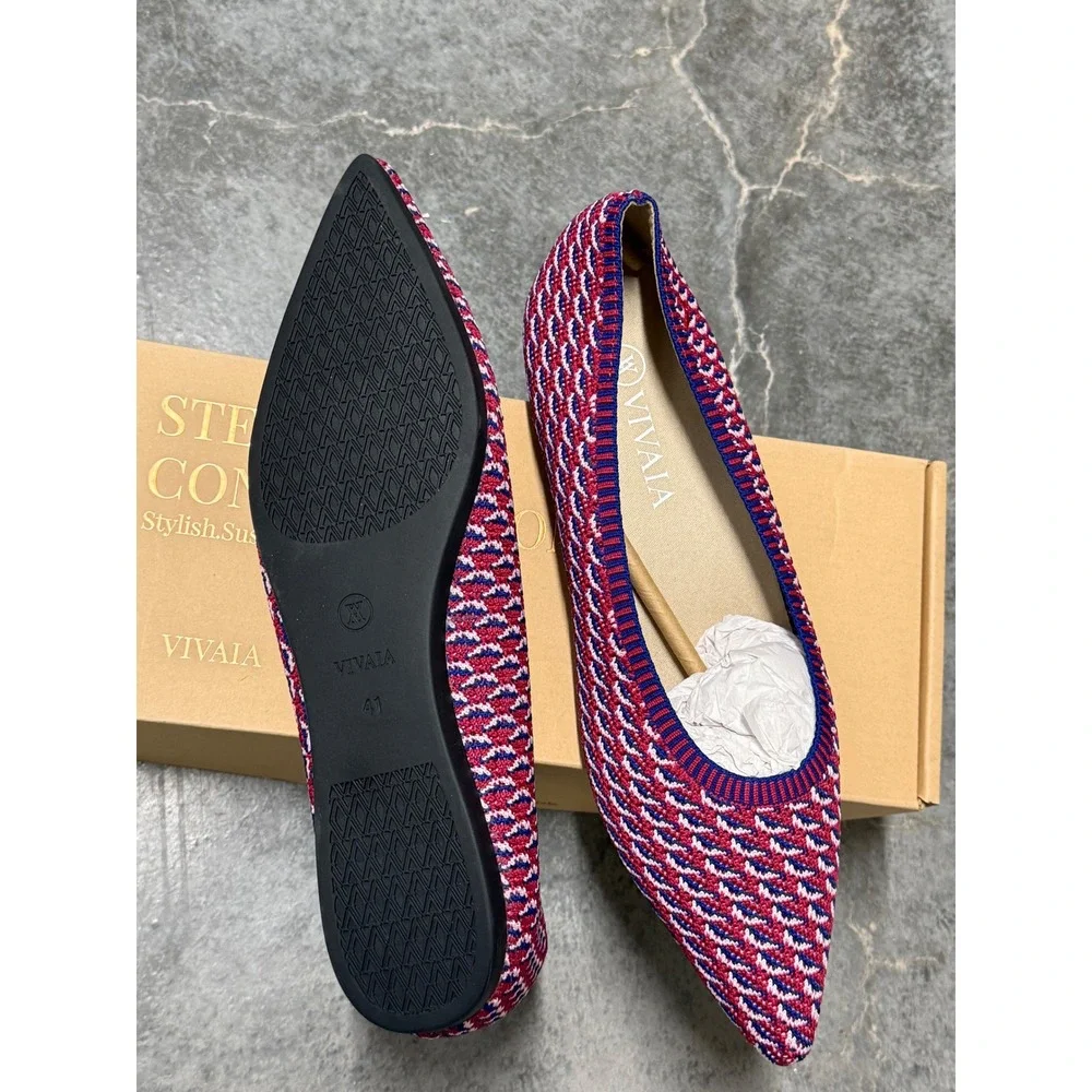 VIVAIA Aria Pointed Toe‎ Knit Flats Red Blue White Geometric Women Shoes US/ 9.5